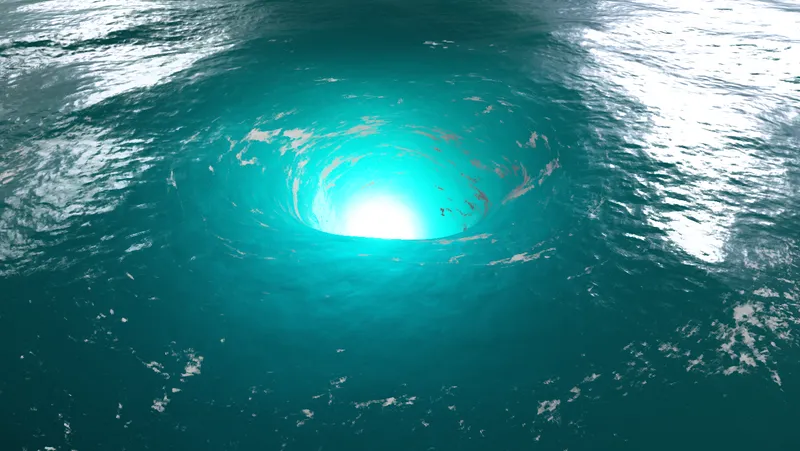 A turquoise whirlpool spiralling down to a bright glowing centre